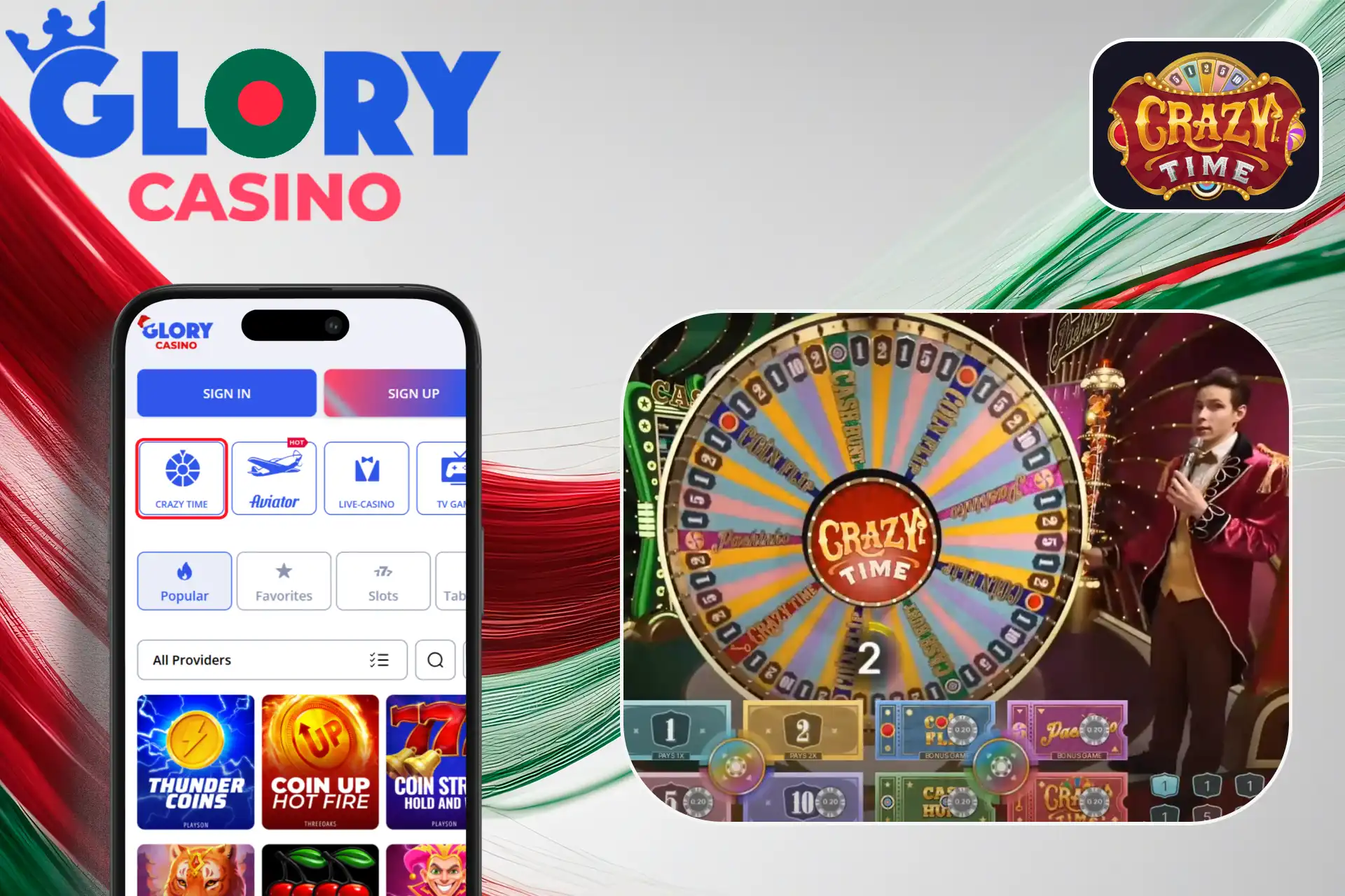 Evolution Gaming's popular Crazy Time game is available for players in Bangladesh on the Glory Casino platform